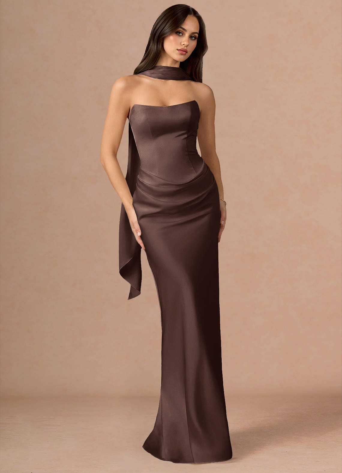 Valencia Scarf Lace-Up Stretch Satin Evening Dress in Dusty Blue