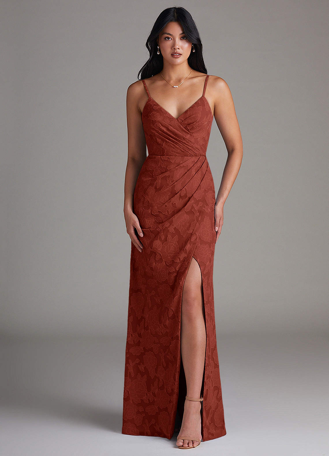 Maci Sheath V-Neck Floral Burnout Bridesmaid Dress in Terracotta