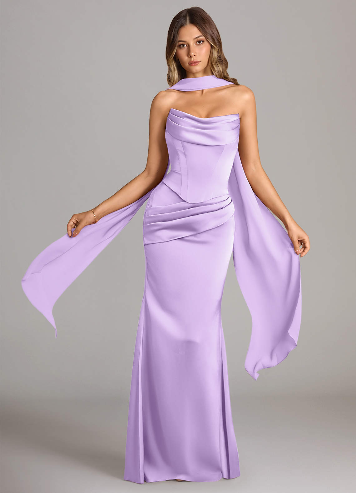 Sorrel Mermaid Cowl-Neck Stretch Satin and Chiffon Bridesmaid Dress in Lilac