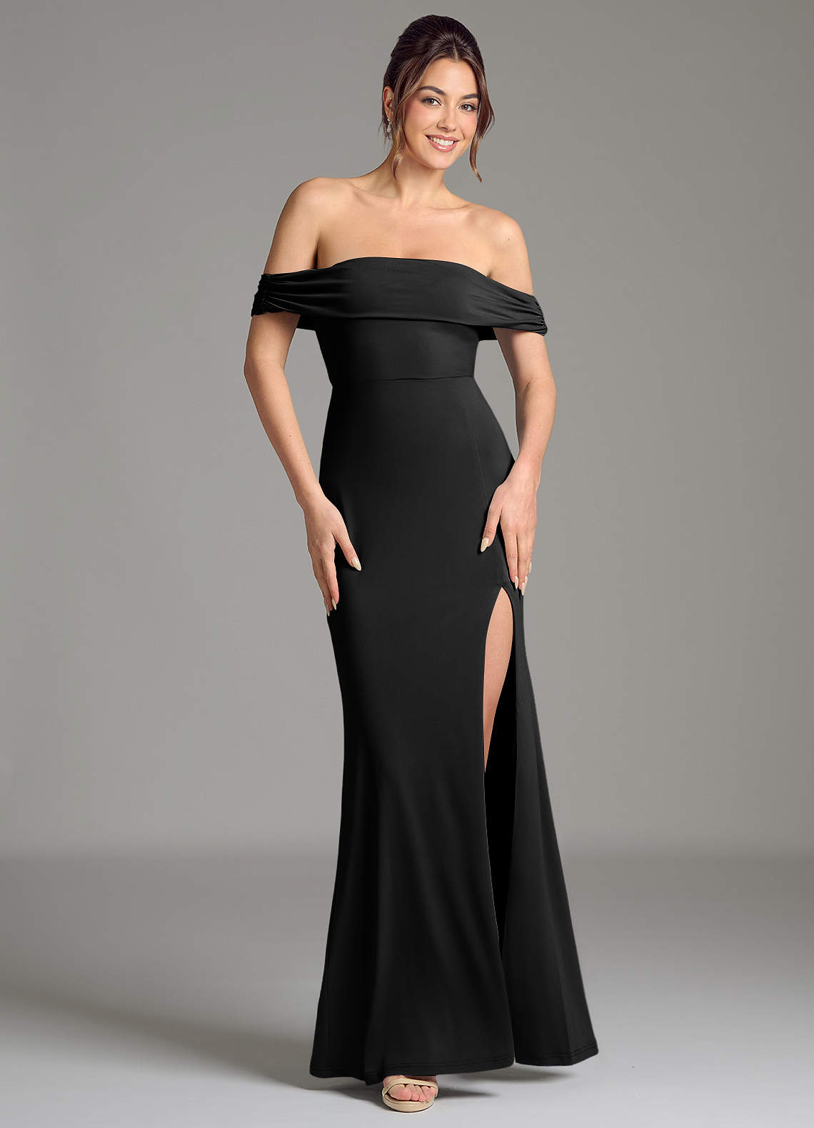 Evangelia Mermaid Off-the-Shoulder Stretch Jersey Bridesmaid Dress in black