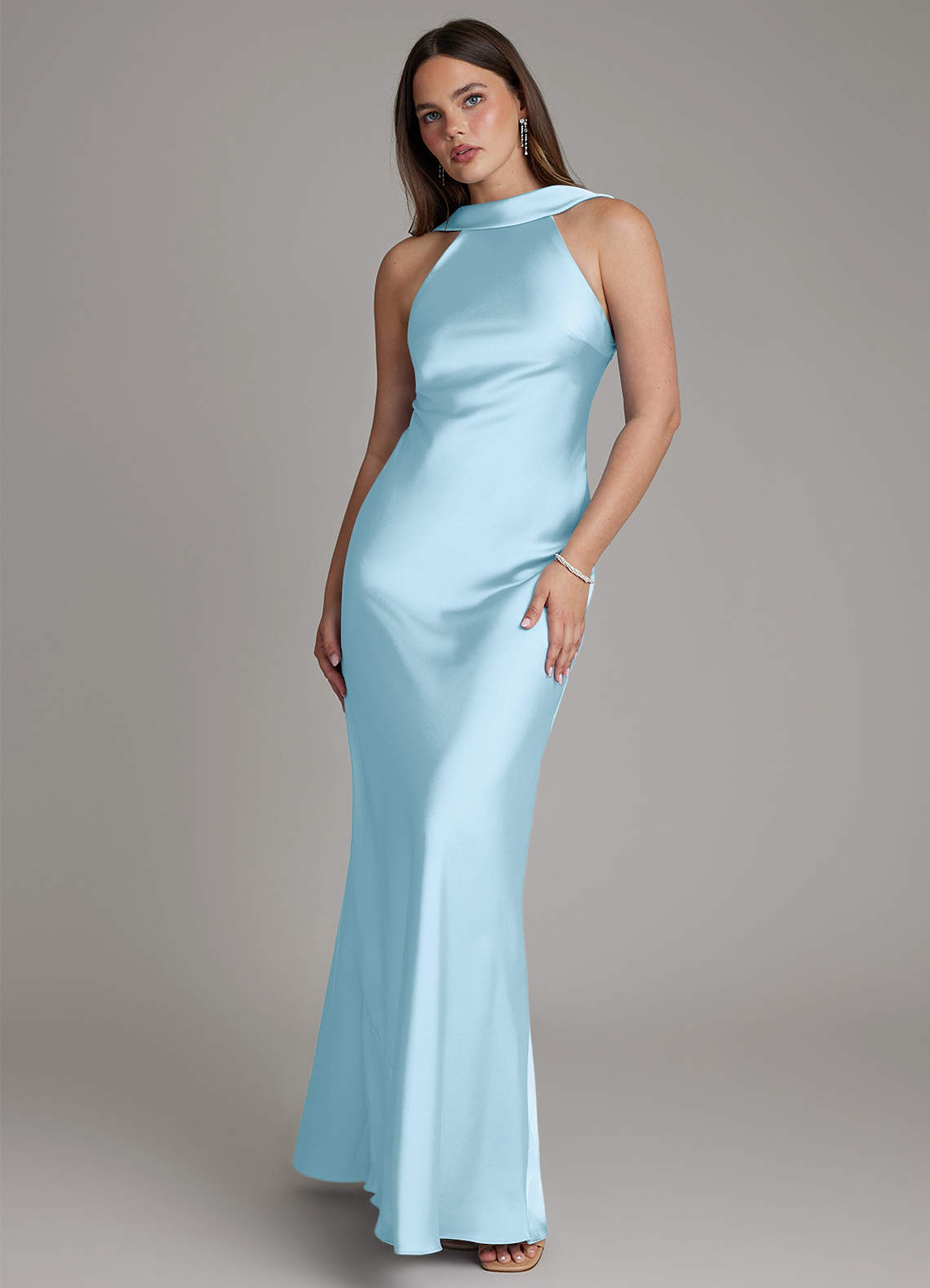 Dimitra Sheath Halter Stretch Satin Bridesmaid Dress in Sky Blue