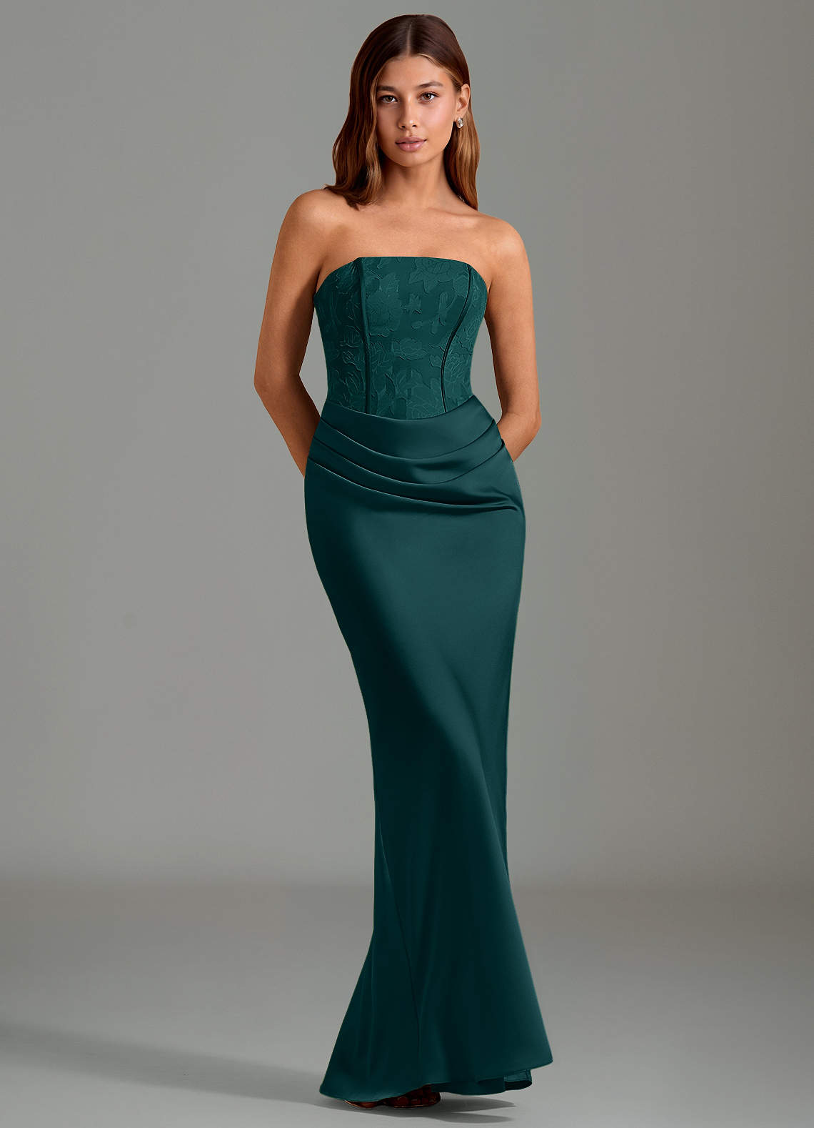 Emilia Mermaid Strapless Stretch Satin and Floral Burnout Bridesmaid Dress in Pine