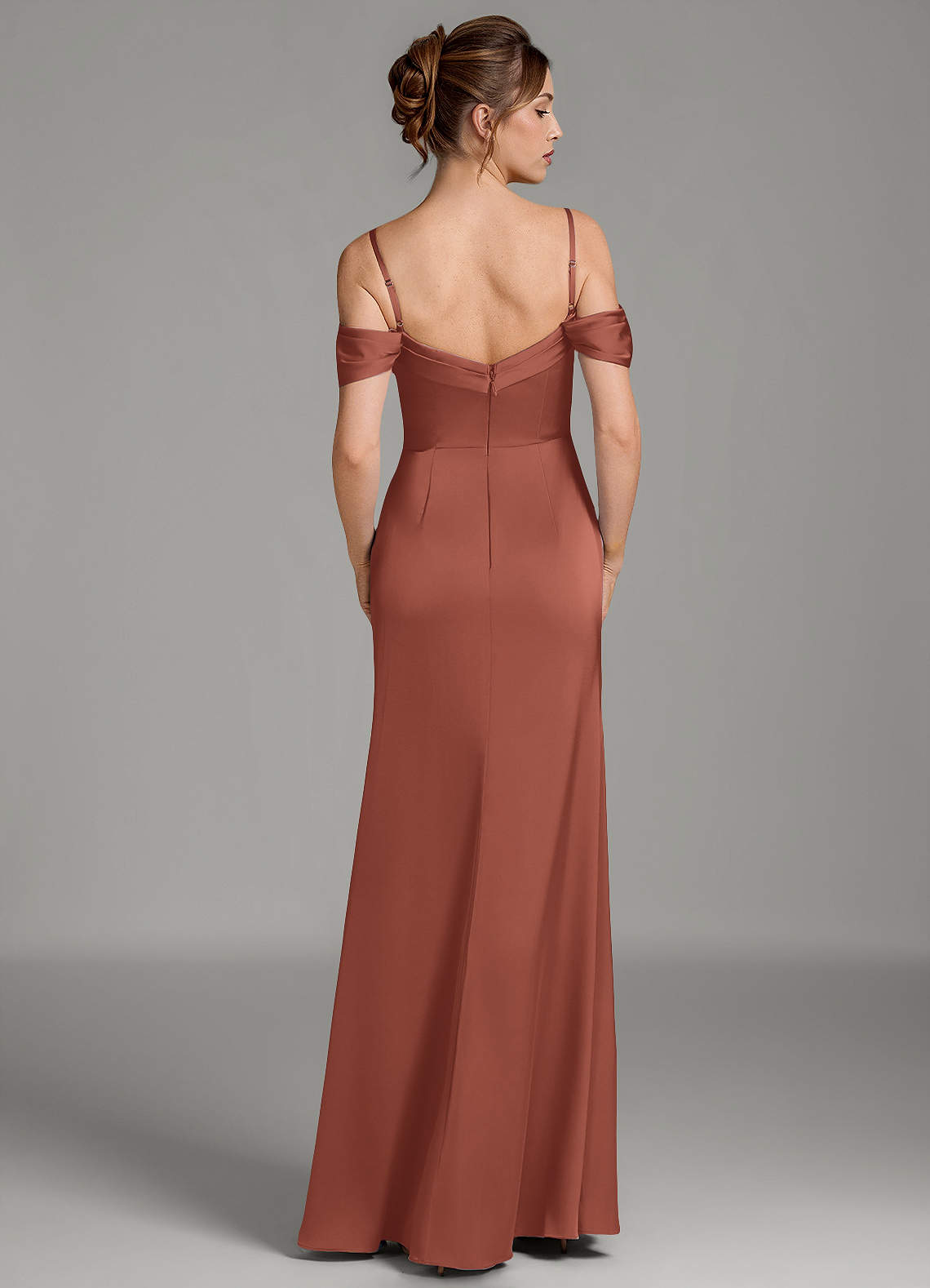 Wyatt Mermaid Off-the-Shoulder Stretch Satin Bridesmaid Dress in Auburn