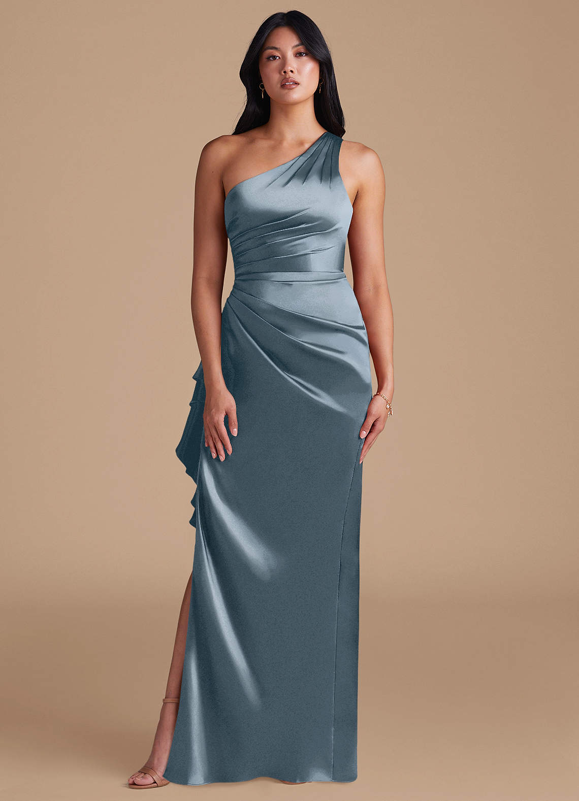 Latrice Sheath One-Shoulder Metallic Satin Bridesmaid Dress in Twilight