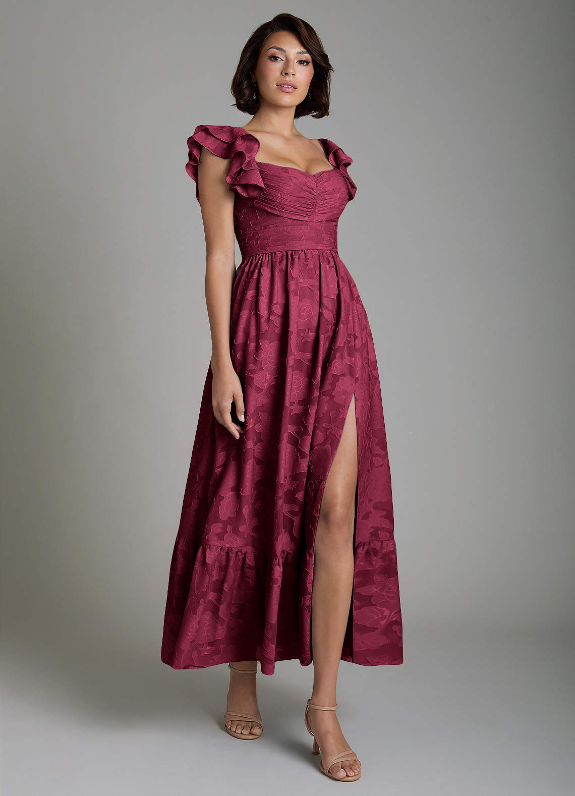 Anaya A-Line V-Neck Floral Burnout Bridesmaid Dress in Burgundy