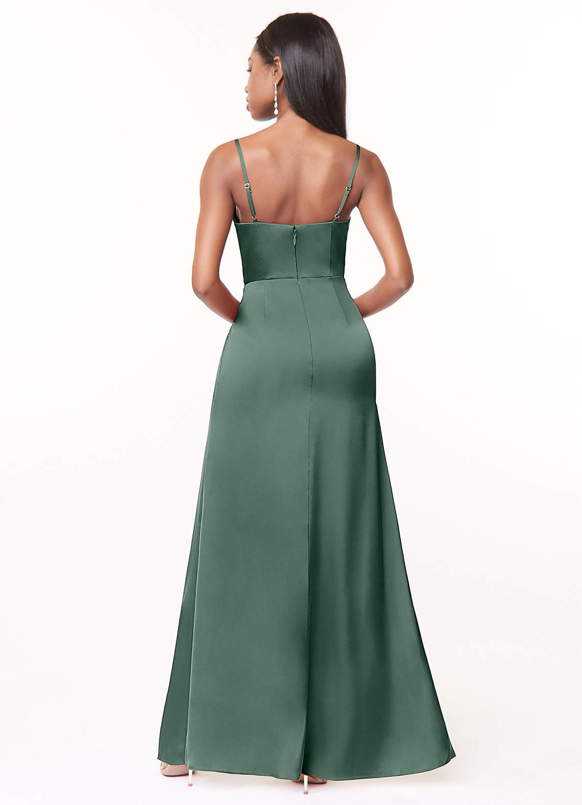 Maci A-Line V-Neck Stretch Satin Bridesmaid Dress in Eucalyptus