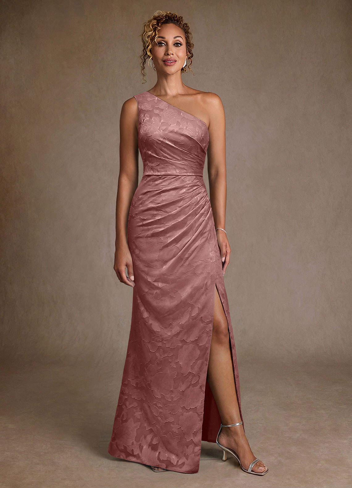 Joylin Trumpet One-Shoulder Floral Burnout Mother of the Bride Dress in Dusty Rose