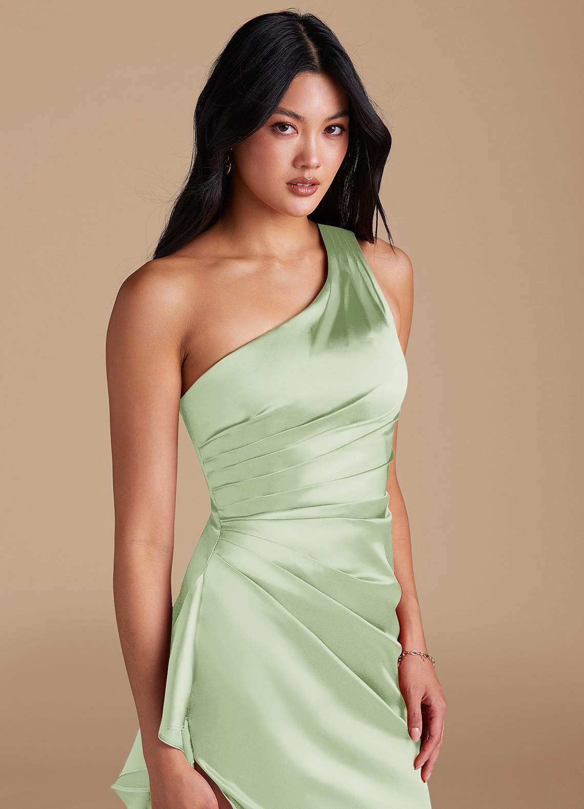 Latrice Sheath One-Shoulder Metallic Satin Bridesmaid Dress in Dusty Sage
