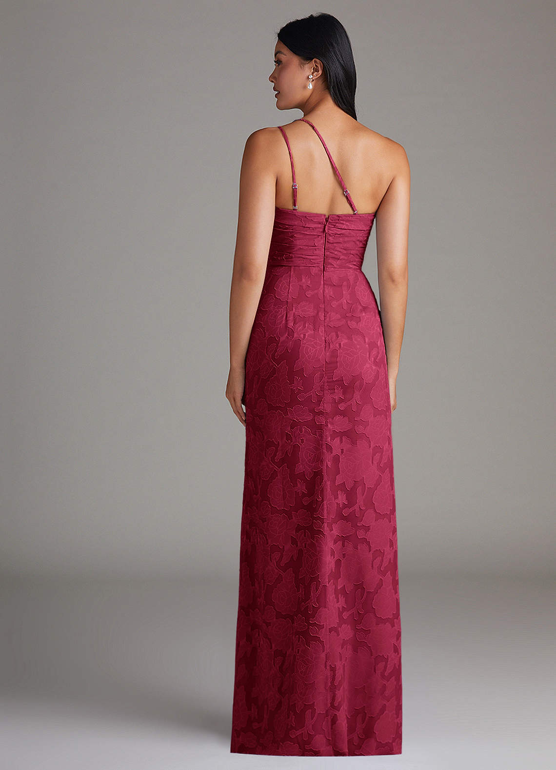 Eren Sheath One-Shoulder Floral Burnout Bridesmaid Dress in Burgundy