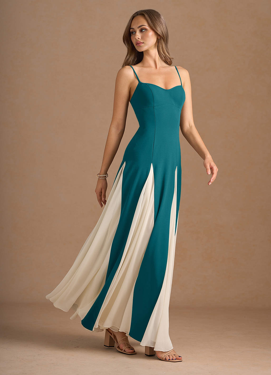Jessenia A-Line Color-Block Crepe Chiffon Wedding Guest Dress in Peacock