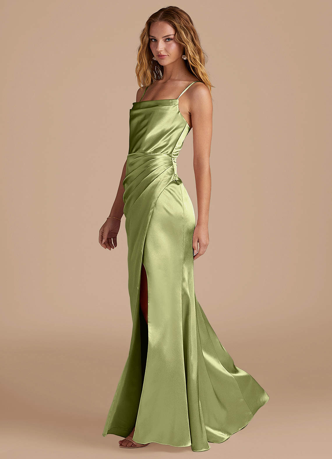 Marzia Mermaid Square-Neck Metallic Satin Bridesmaid Dress in Pistachio