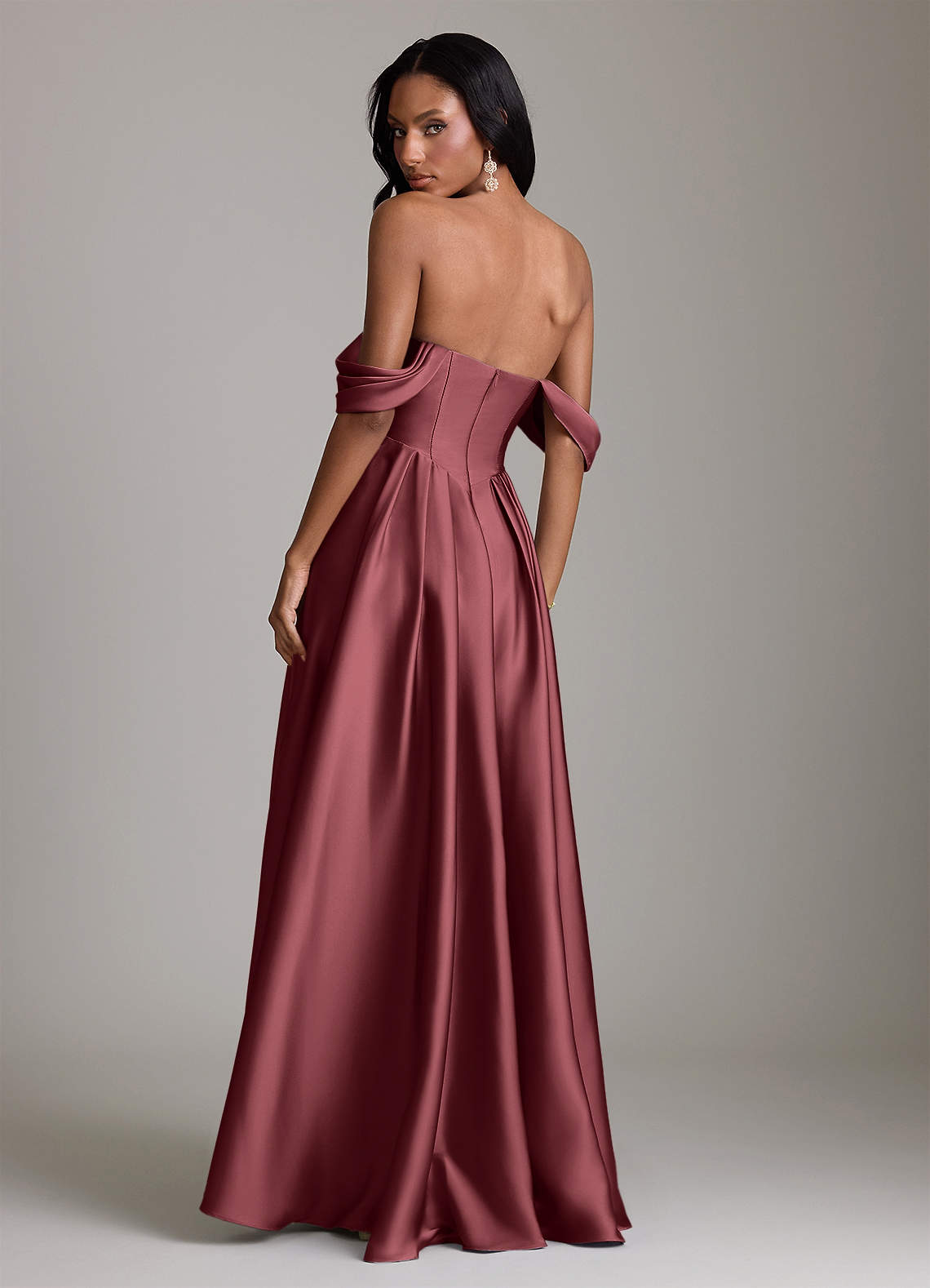 Loisa A-Line Off-the-Shoulder Stretch Satin Bridesmaid Dress in Merlot