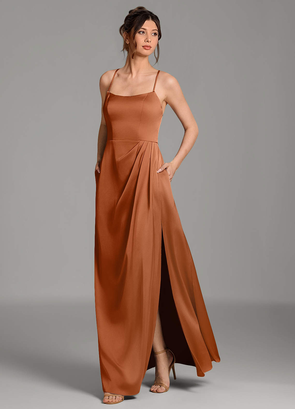 Frankie A-Line Scoop-Neck Stretch Satin Bridesmaid Dress in Copper