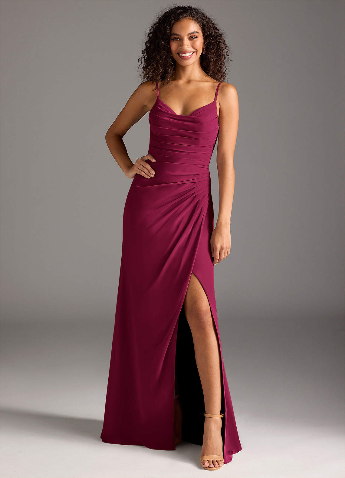 Deandra Mermaid Cowl-Neck Chiffon Bridesmaid Dress in Burgundy
