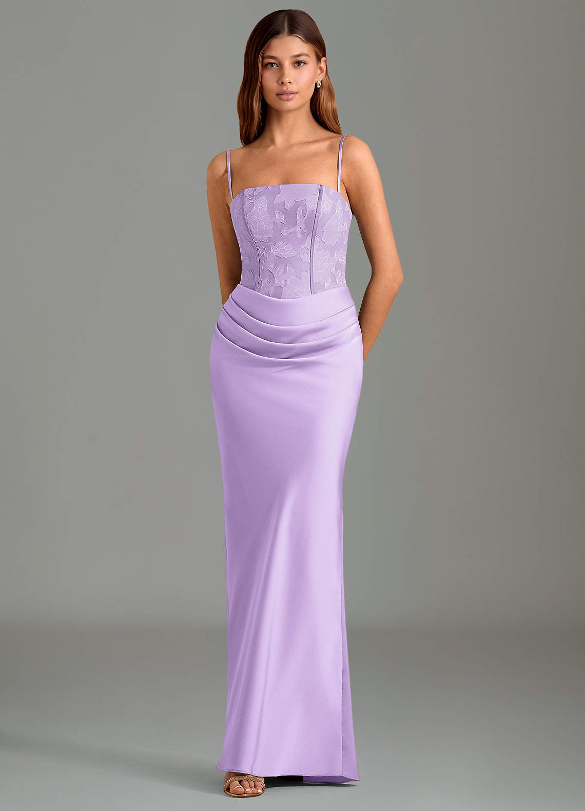 Emilia Mermaid Strapless Stretch Satin and Floral Burnout Bridesmaid Dress in Lilac