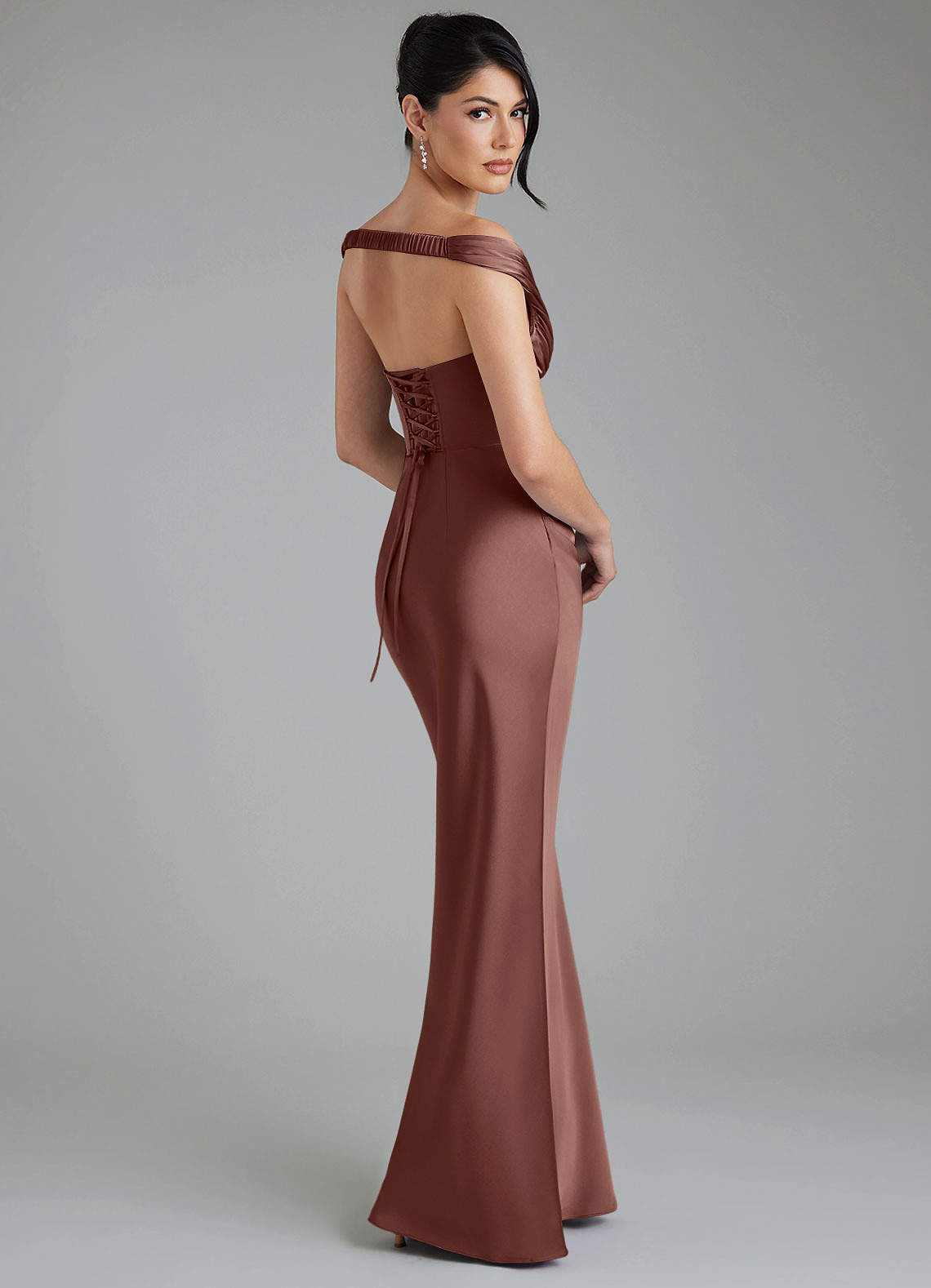 Stella Sheath V-Neck Stretch Satin Bridesmaid Dress in Espresso