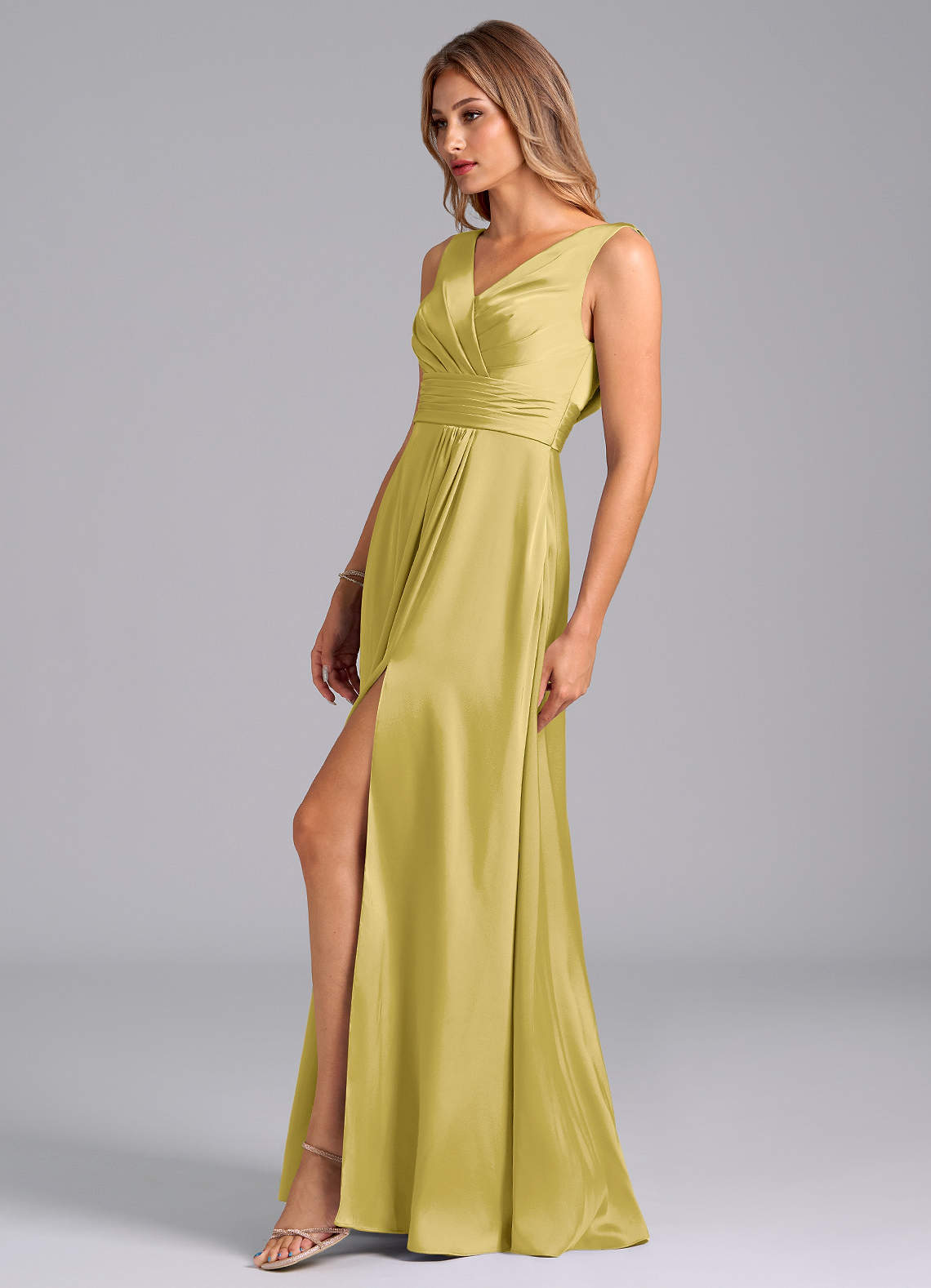 Karina A-Line V-Neck Stretch Satin Bridesmaid Dress in Canary