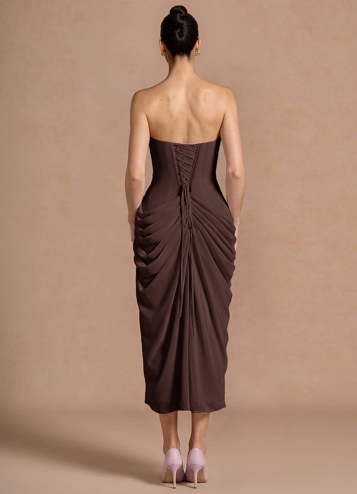 Kaavia Column Pleated Chiffon Midi Evening Dress in Truffle