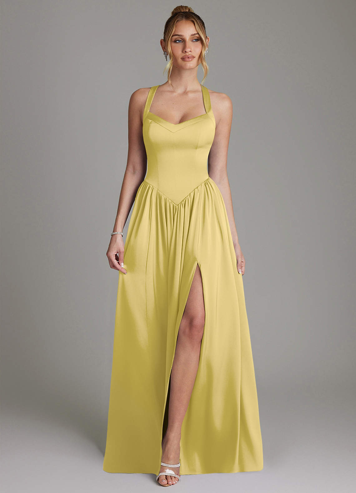 Francis A-Line V-Neck Stretch Satin Bridesmaid Dress in Canary