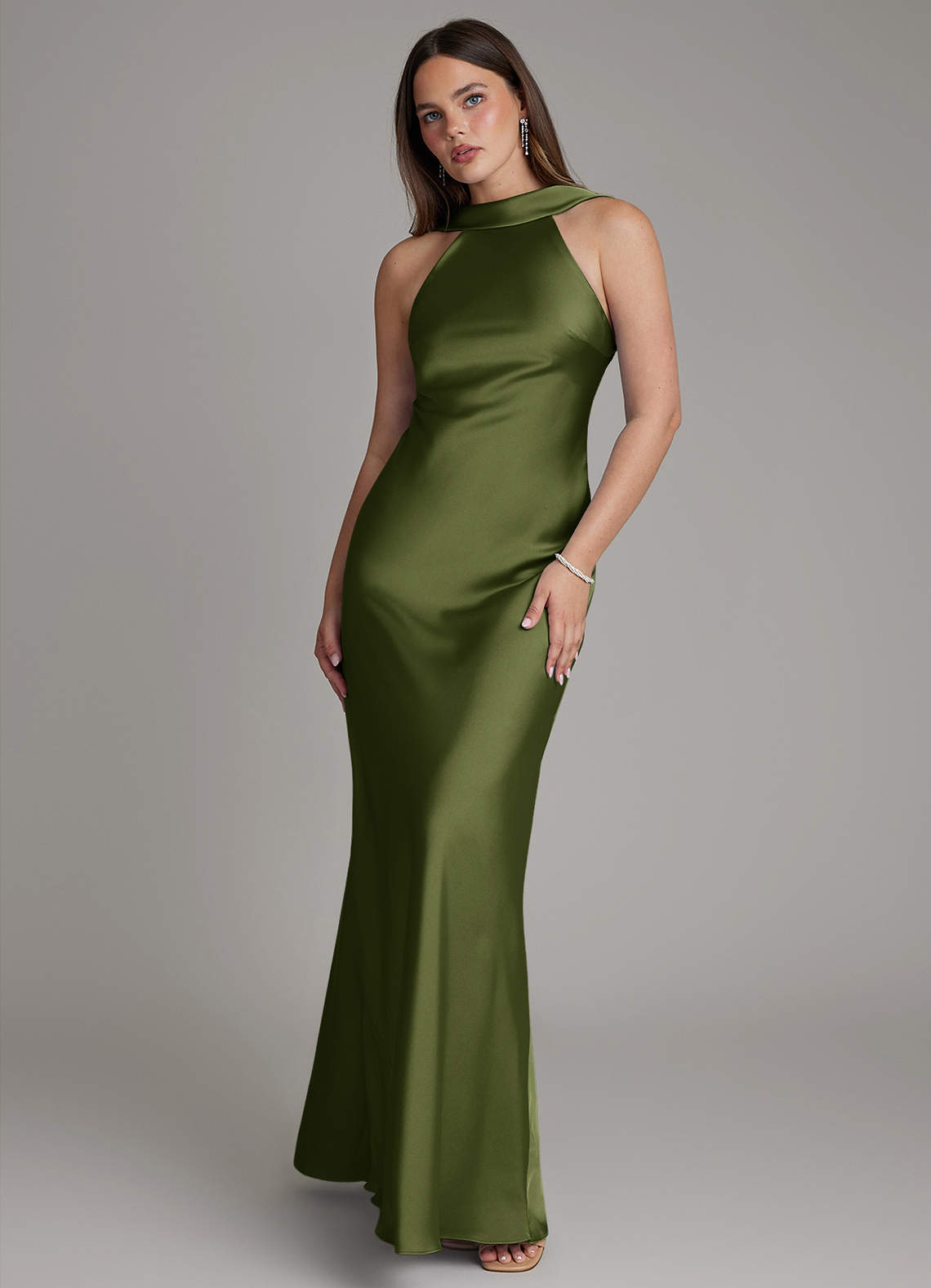 Dimitra Sheath Halter Stretch Satin Bridesmaid Dress in Olive