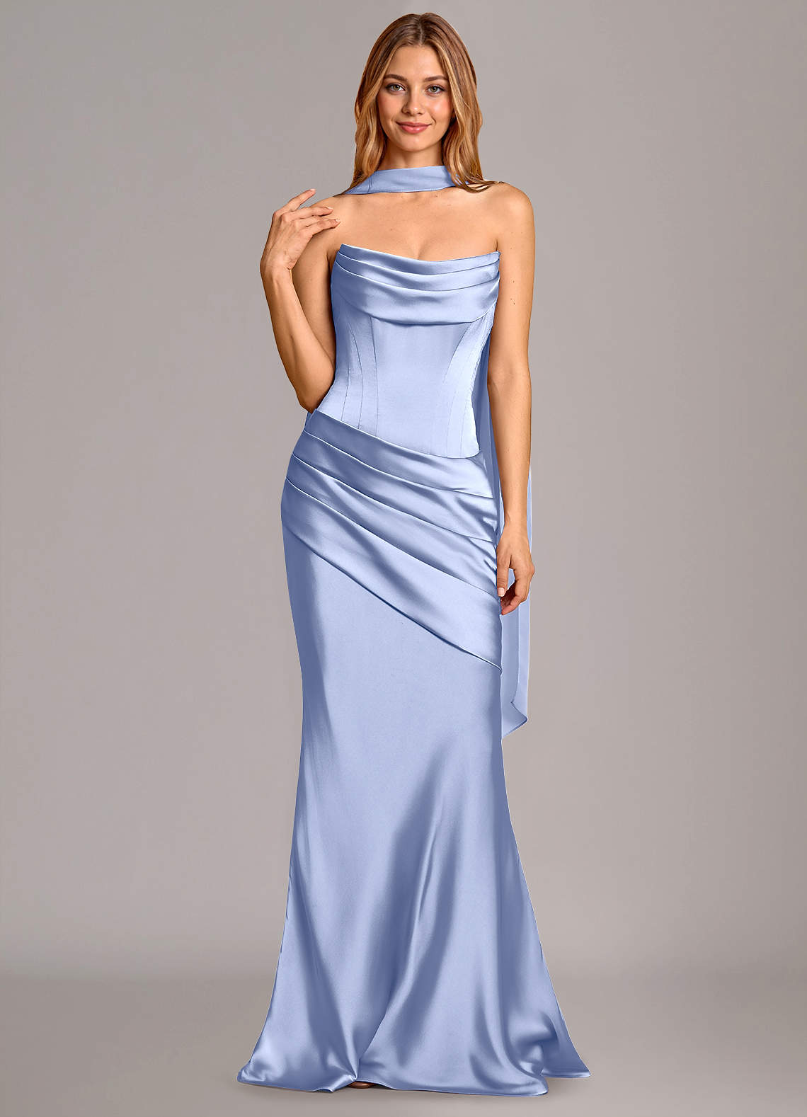 Pelagia Mermaid Cowl-Neck Stretch Satin Bridesmaid Dress in Ice