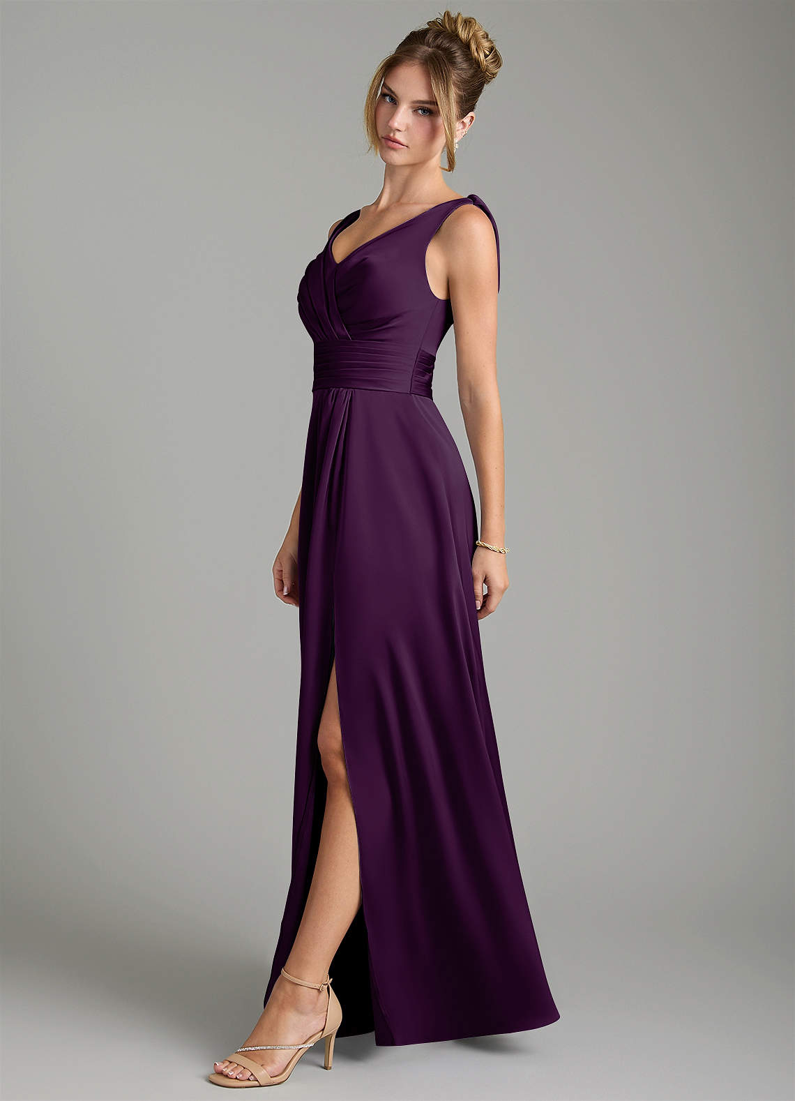 Karina A-Line V-Neck Stretch Satin Bridesmaid Dress in Grape