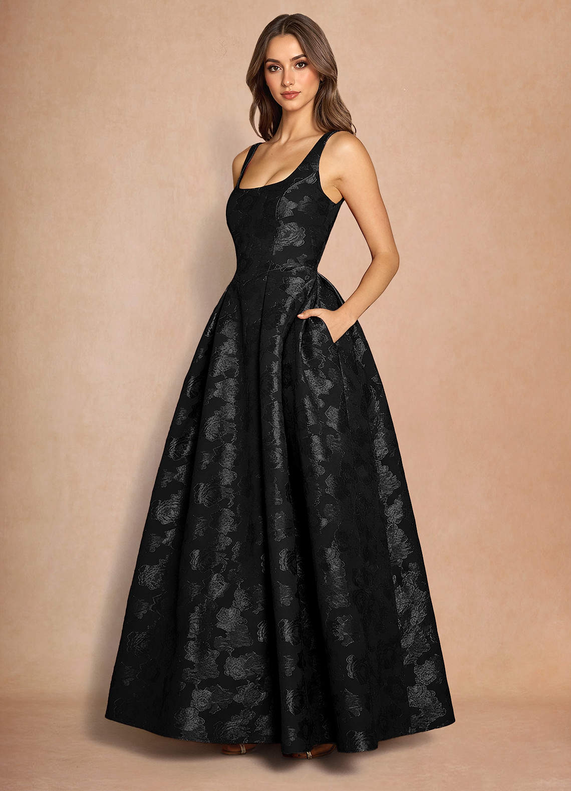 Briac A-Line Scoop-Neck Fil Coupé Evening Dress in Black