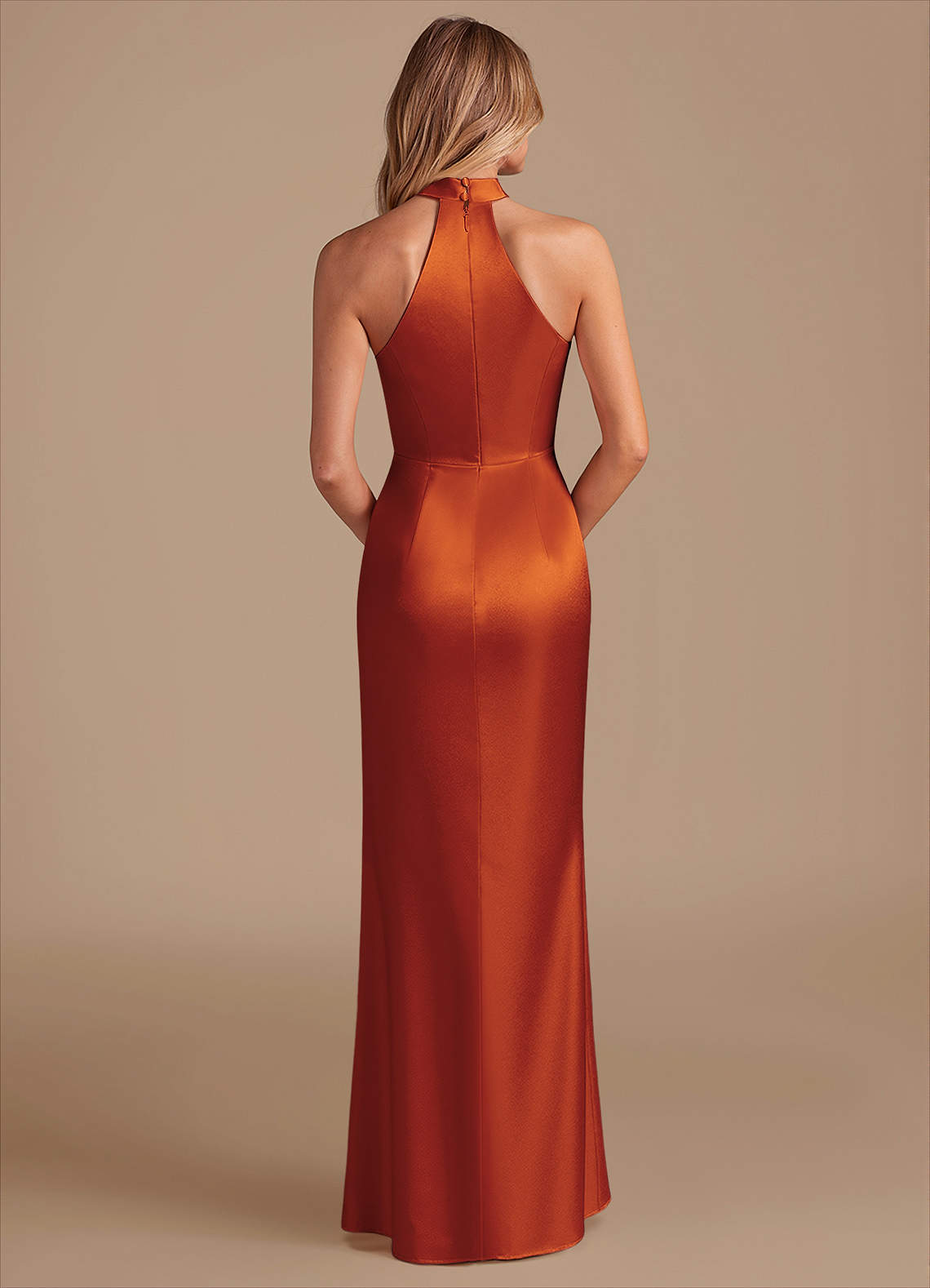 Karlotta Sheath Halter-Neck Metallic Satin Bridesmaid Dress in Paprika