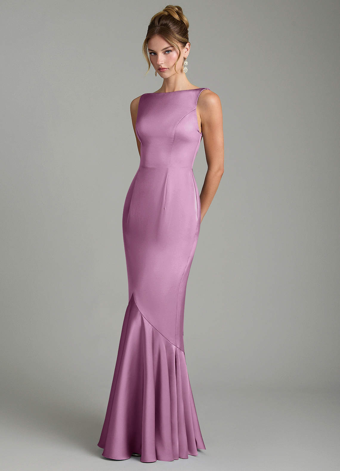 Tamera Mermaid Boat-Neck Stretch Satin and Chiffon Bridesmaid Dress in Wisteria