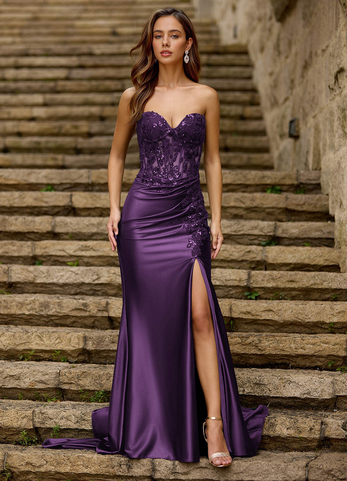 Emblace Mermaid Off-the-Shoulder Stretch Satin Evening Dress in Plum
