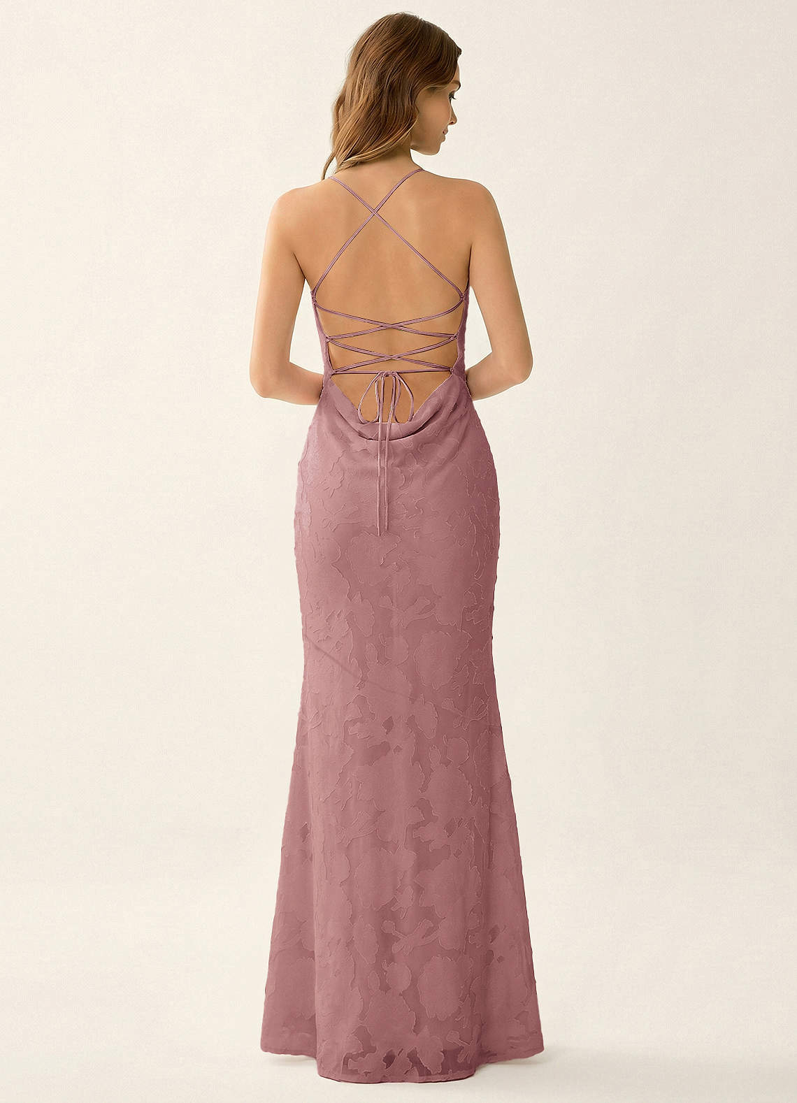 Natasha Mermaid Spaghetti-Strap Floral Burnout Evening Dress in Dusty Pink