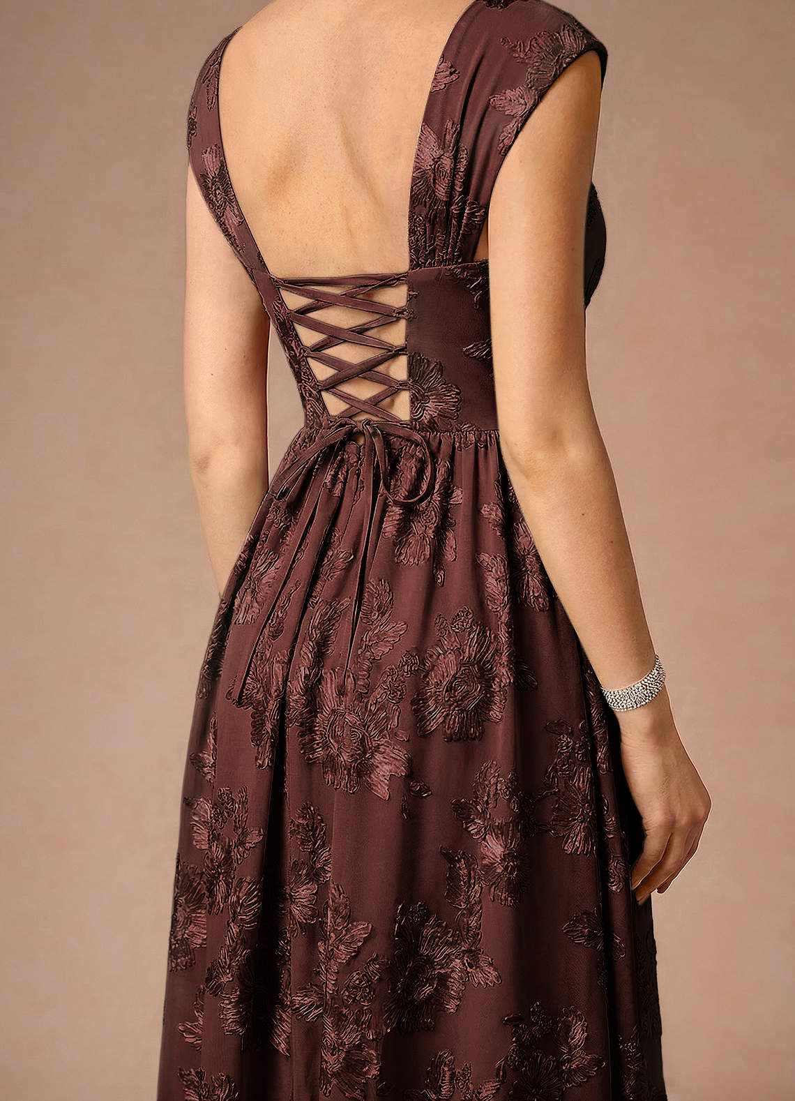 Hazel A-Line Cowl-Neck Floral Mesh Wedding Guest Dress in Coco