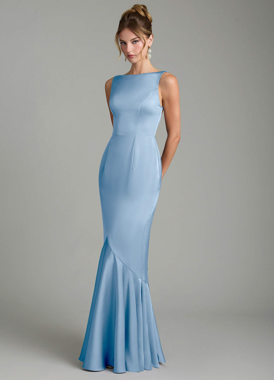 Tamera Mermaid Boat-Neck Stretch Satin and Chiffon Bridesmaid Dress in Powder Blue