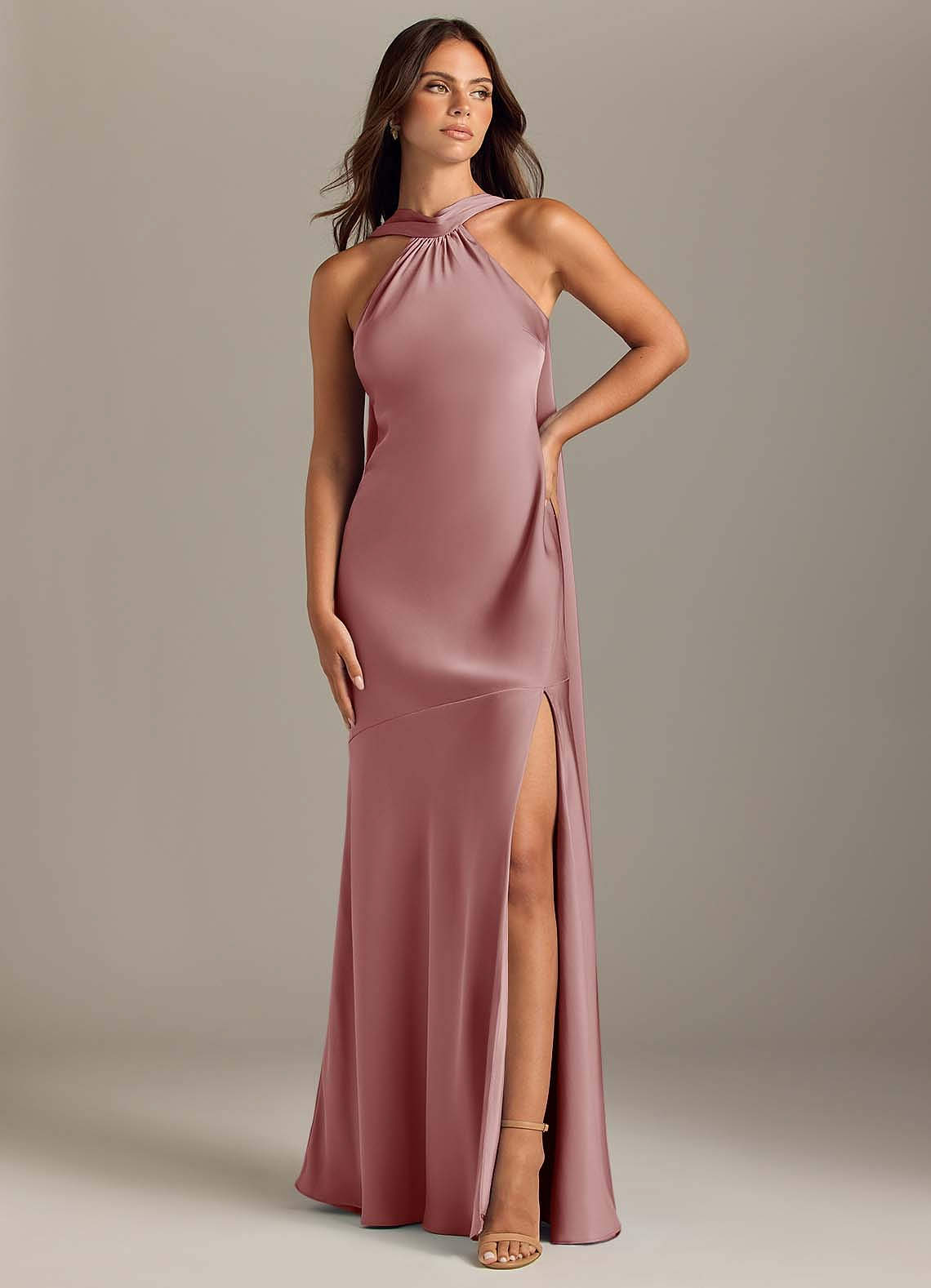 Kinsley Mermaid Halter Stretch Satin Bridesmaid Dress in dusty rose