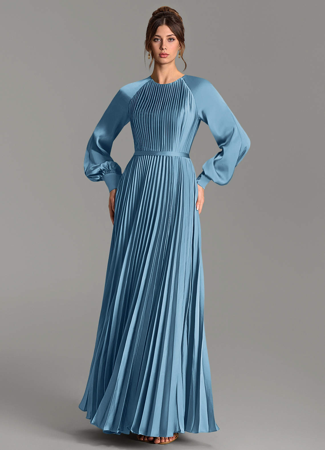 Grayson A-Line Scoop-Neck Stretch Satin Bridesmaid Dress in Steel Blue