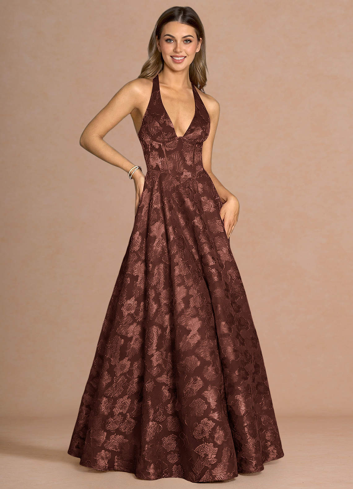 Isabeau A-Line V-Neck Fil Coupé Evening Dress in Lemon Sorbet