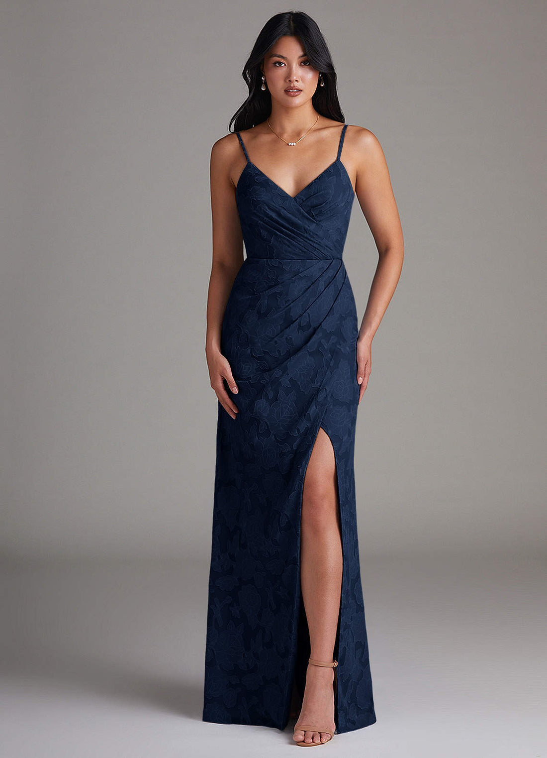 Maci Sheath V-Neck Floral Burnout Bridesmaid Dress in Dark Navy