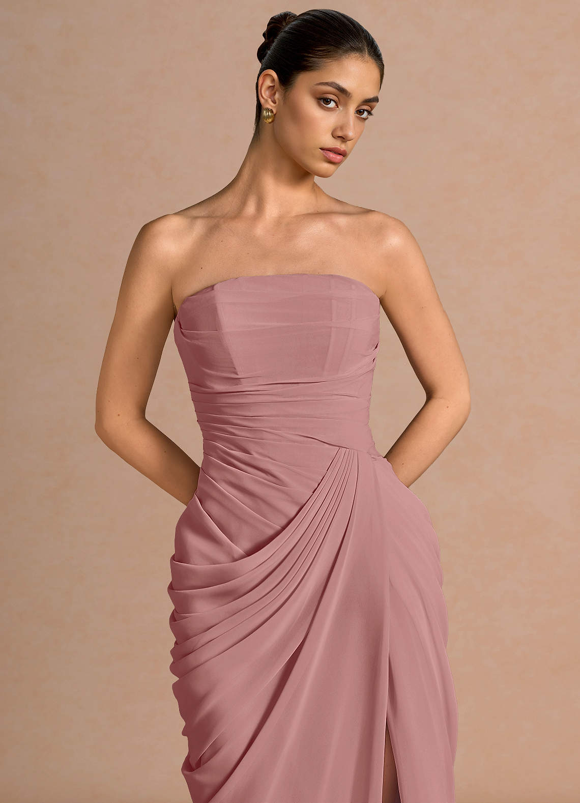 Kaavia Column Pleated Chiffon Maxi Evening Dress in Dusty Pink