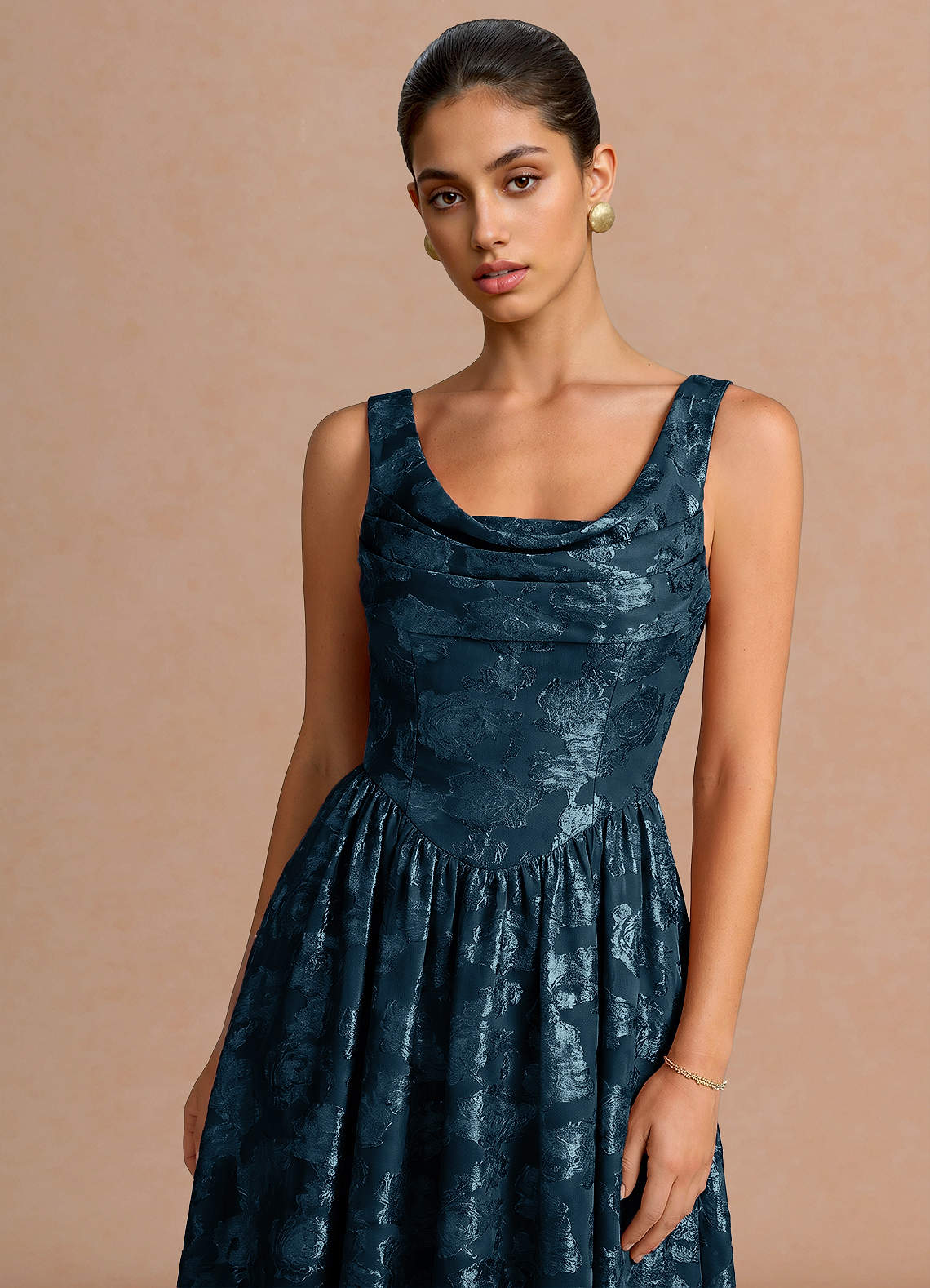 Novi A-Line Draped-Neck Floral Fil Coupé Evening Dress in Navy