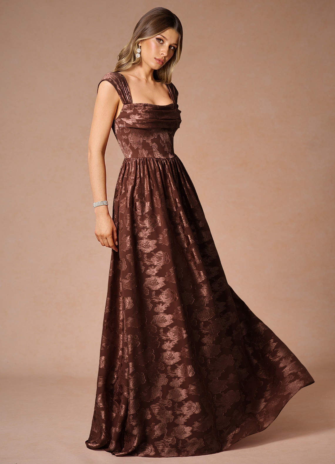 Hazel A-Line Cowl-Neck Fil Coupé Wedding Guest Dress in Mocha Coco