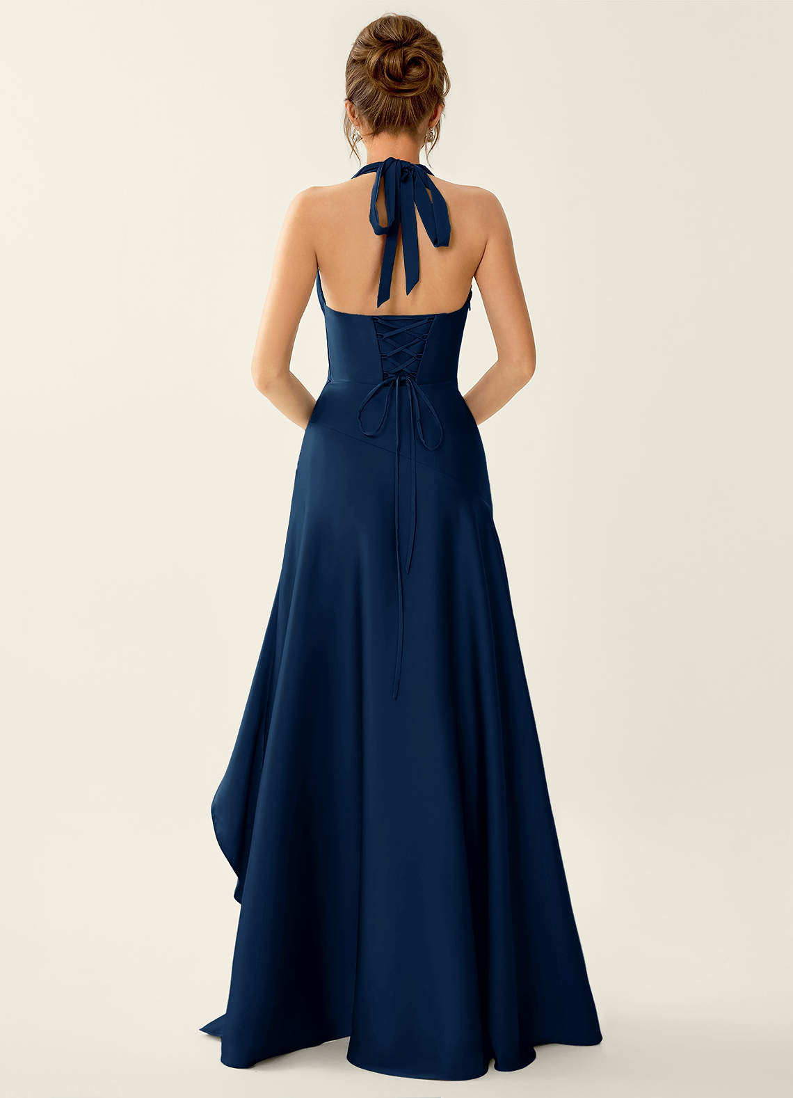 Titania Halter Asymmetric-Ruffle Satin Evening Dress in Navy