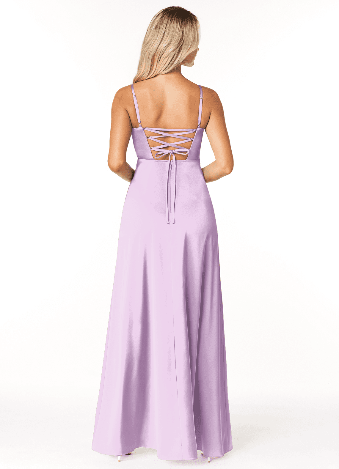 Marchella A-Line V-Neck Stretch Satin Bridesmaid Dress in Frosted Lilac