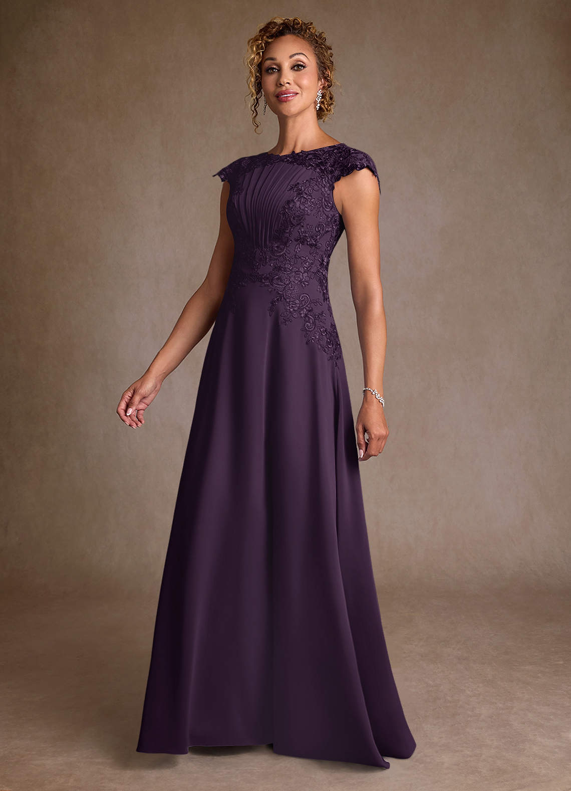 Christi A-Line Scoop-Neck Chiffon and Lace Mother of the Bride Dress in Plum
