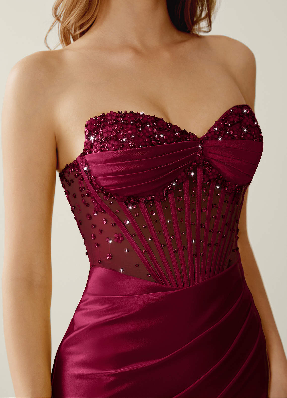 Willa Mermaid Strapless Sequined Satin Evening Dress in Burgundy