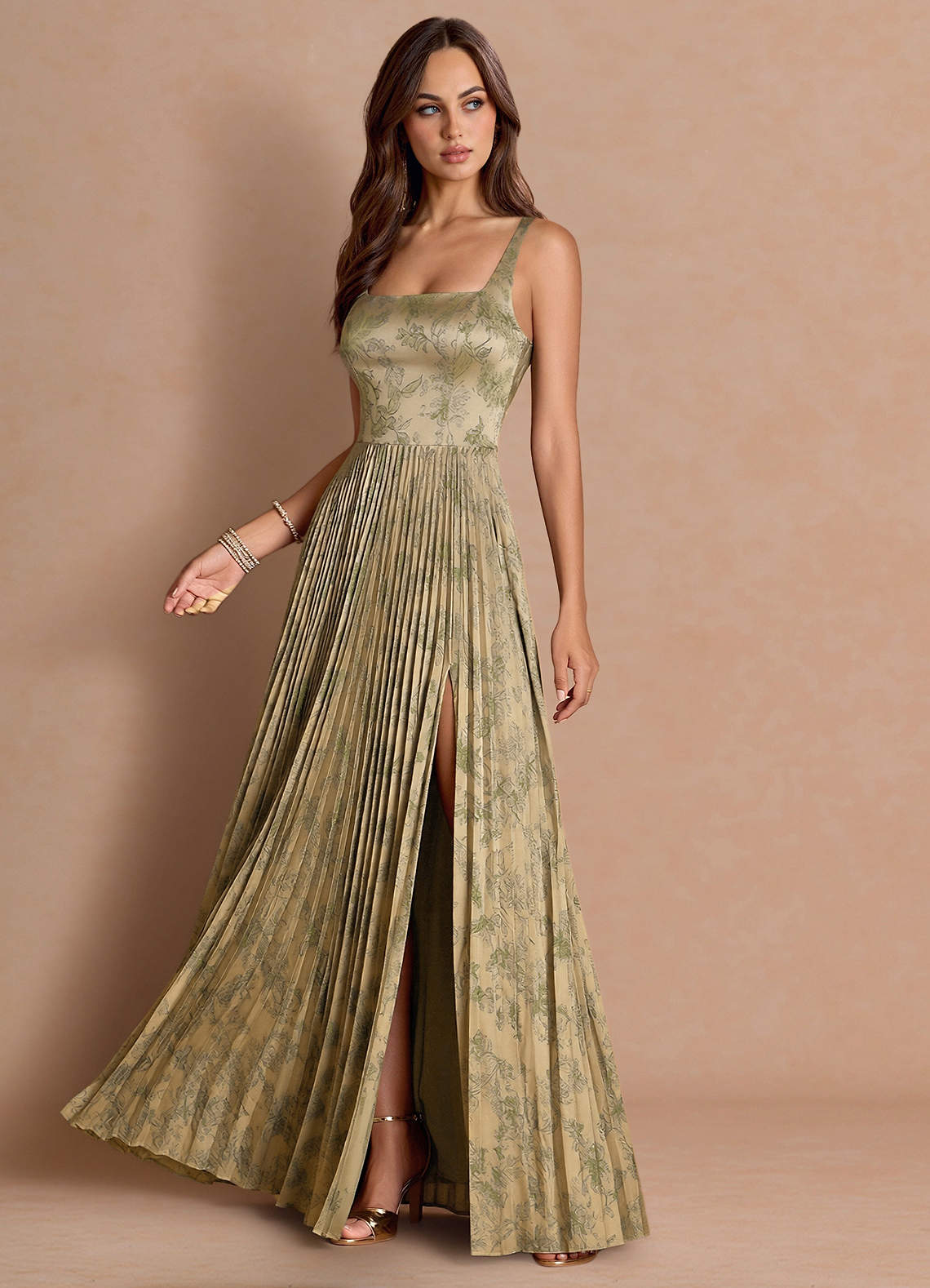 Tatiana A-Line Square-Neck Jacquard Wedding Guest Dress in Green Brown