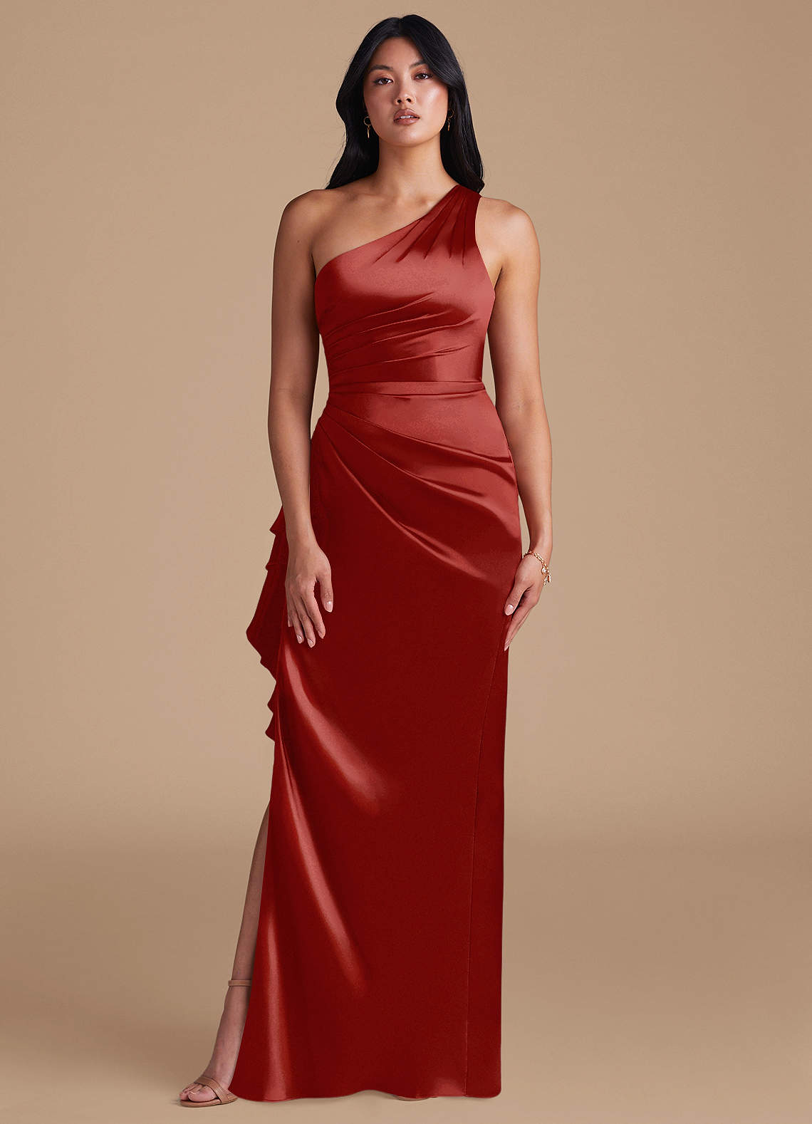 Latrice Sheath One-Shoulder Metallic Satin Bridesmaid Dress in Rust