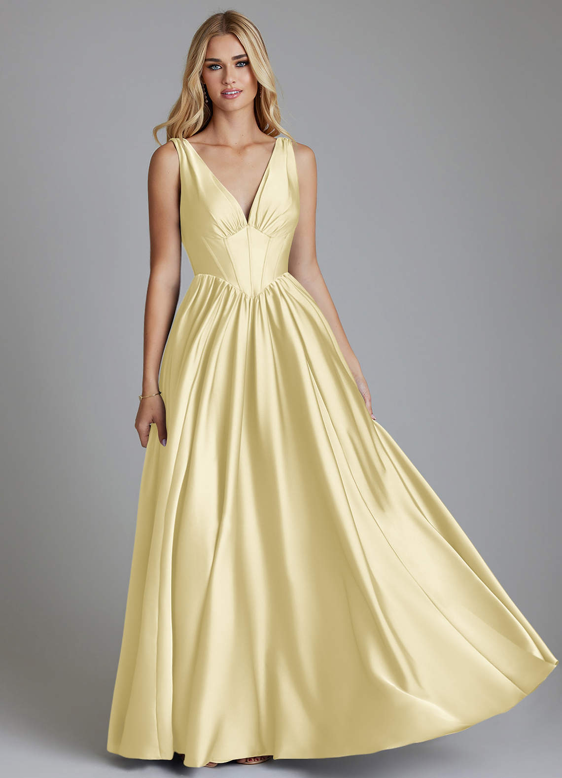 Delmie A-Line V-Neck Stretch Satin Bridesmaid Dress in Lemon Sorbet
