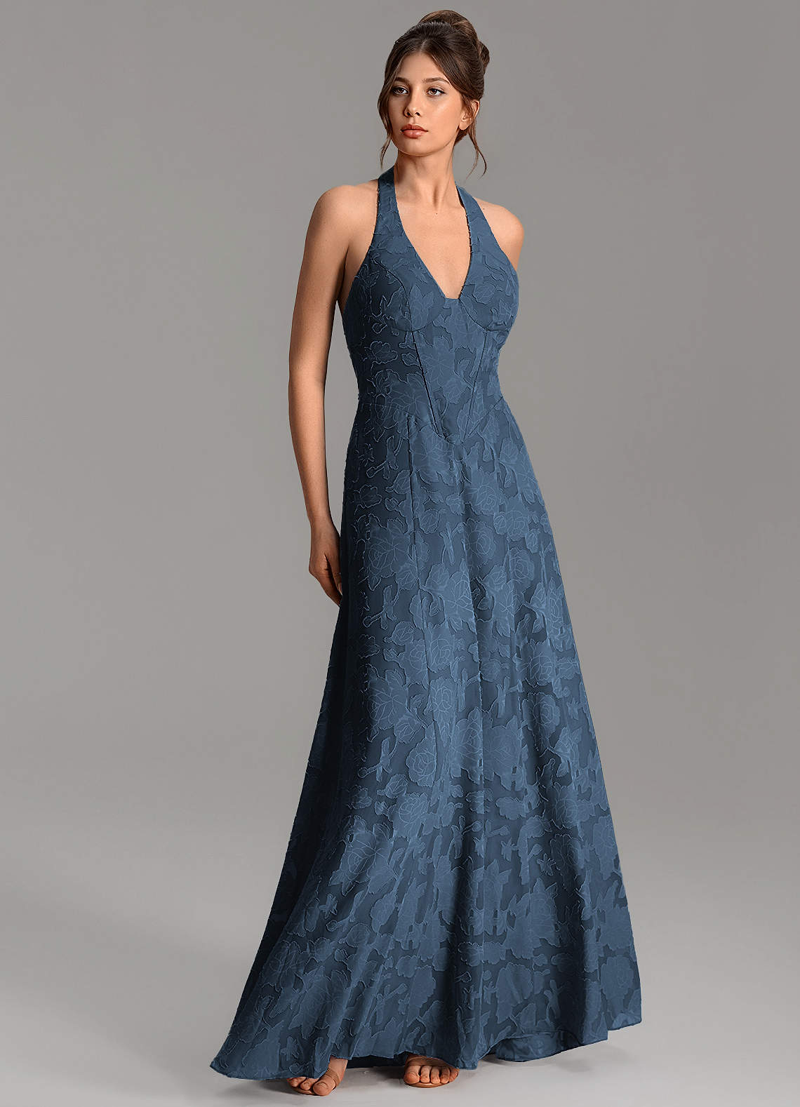 Nia A-Line V-Neck Floral Burnout Bridesmaid Dress in Dark Navy