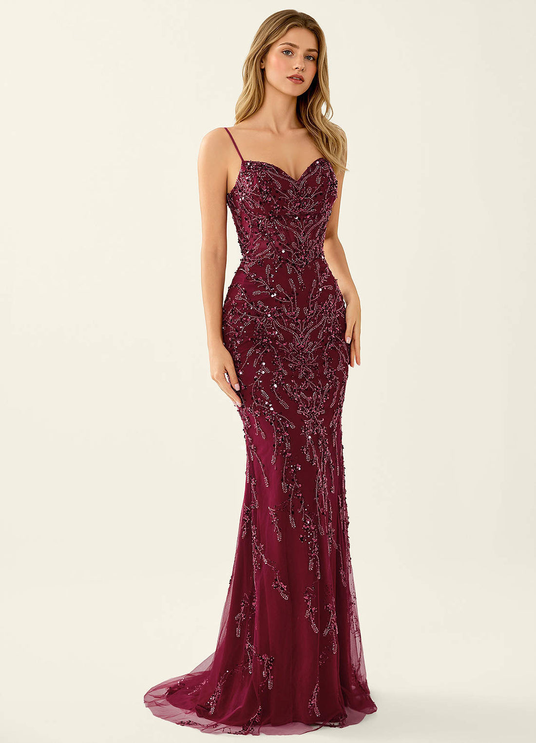Zivah Mermaid V-Neck Beaded Stretch Mesh Evening Dress in Burgundy