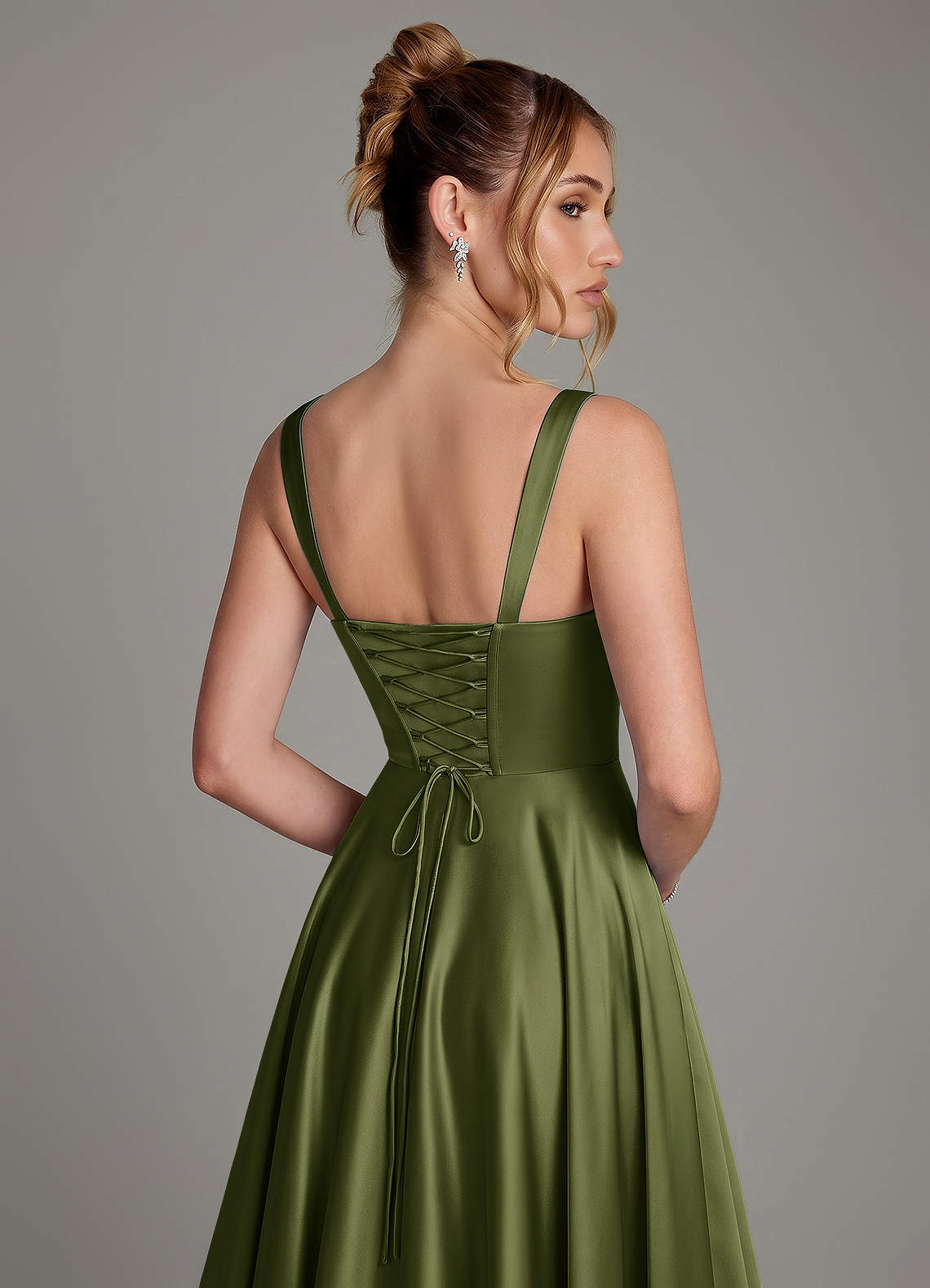 Azaria A-Line Square-Neck Stretch Satin Bridesmaid Dress in Olive